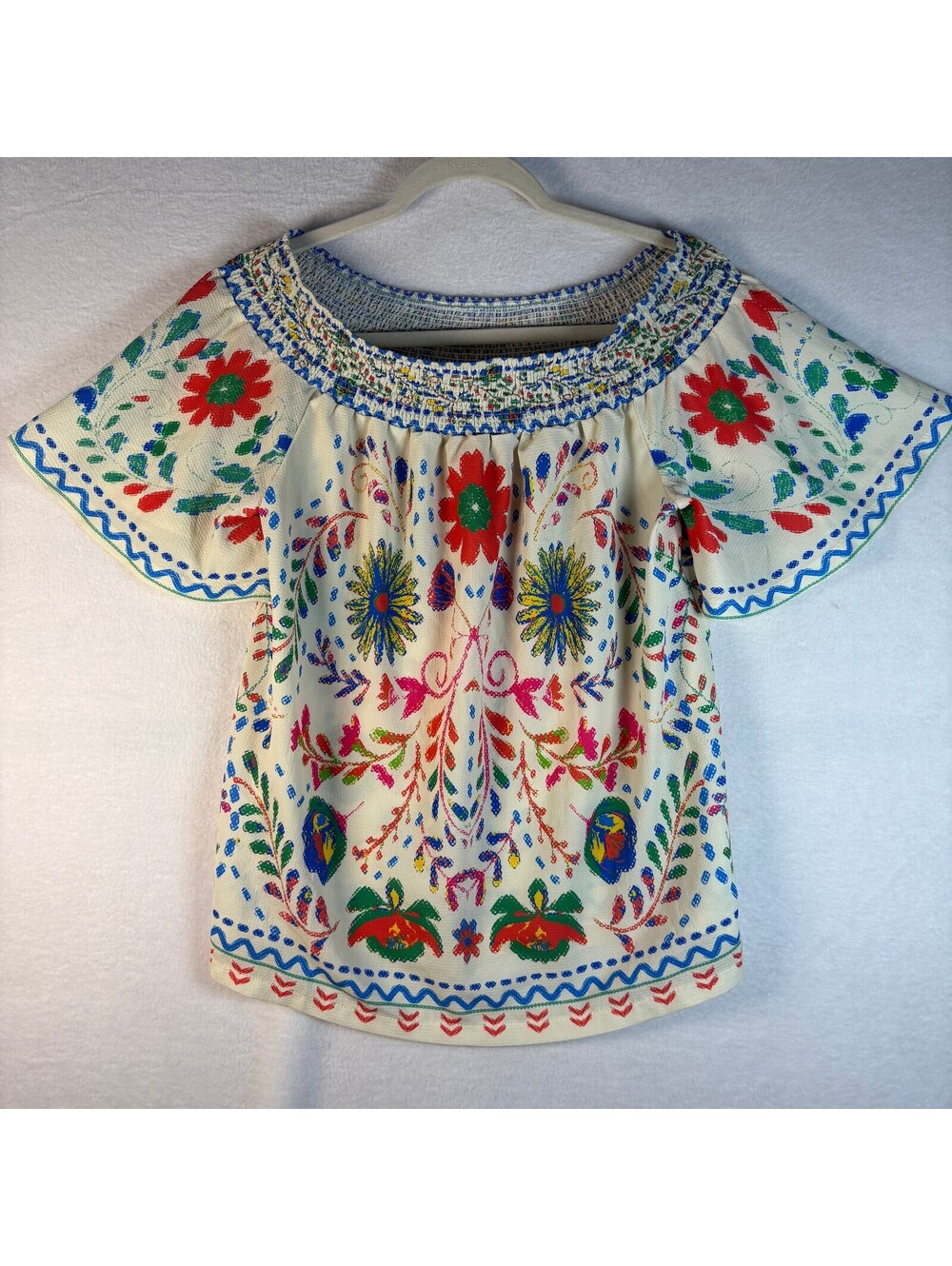 Flying Tomato Embroidered Floral Boho Peasant Top Smocked Off Shoulder Small